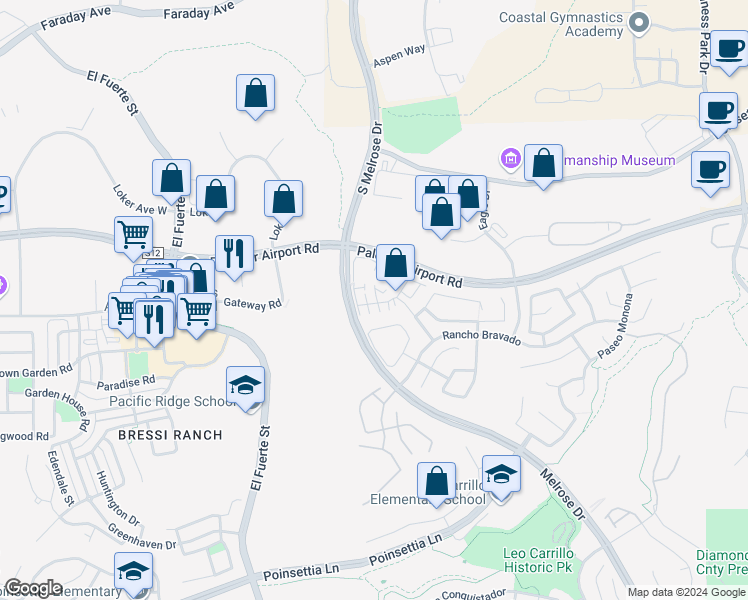map of restaurants, bars, coffee shops, grocery stores, and more near 6137 Paseo Granito in Carlsbad