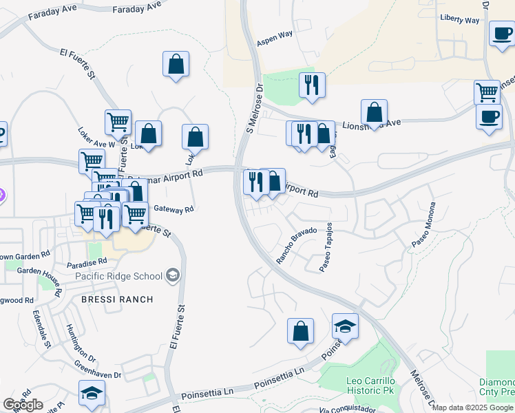 map of restaurants, bars, coffee shops, grocery stores, and more near 6141 Paseo Granito in Carlsbad