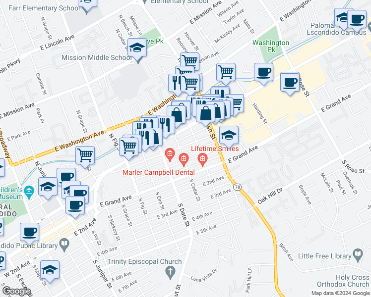 map of restaurants, bars, coffee shops, grocery stores, and more near 1004 East Ohio Avenue in Escondido