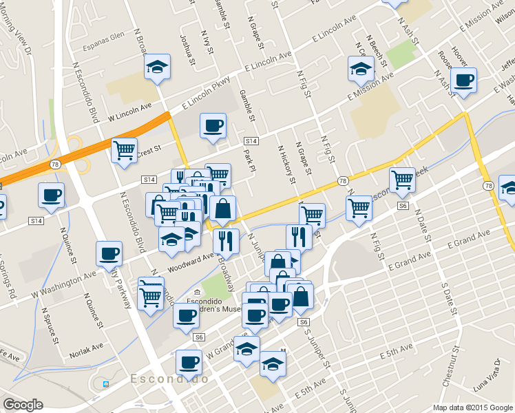 map of restaurants, bars, coffee shops, grocery stores, and more near 315 East Washington Avenue in Escondido