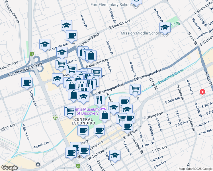 map of restaurants, bars, coffee shops, grocery stores, and more near 600 Waverly Place in Escondido