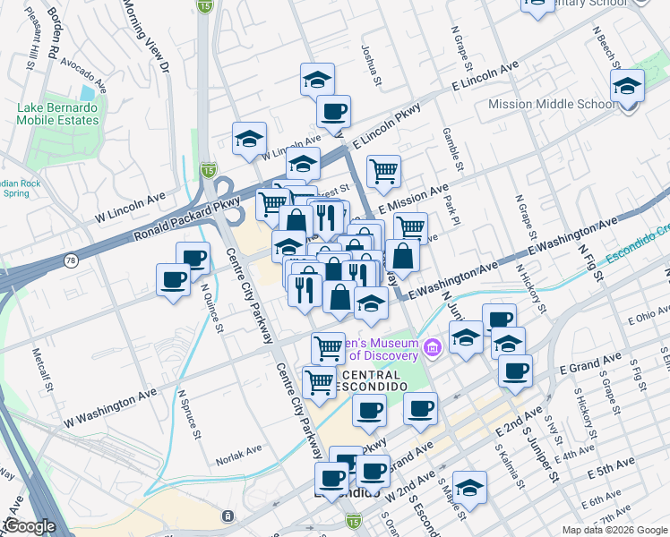 map of restaurants, bars, coffee shops, grocery stores, and more near 608 North Escondido Boulevard in Escondido