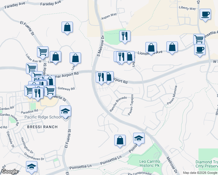 map of restaurants, bars, coffee shops, grocery stores, and more near 6180 Citracado Circle in Carlsbad