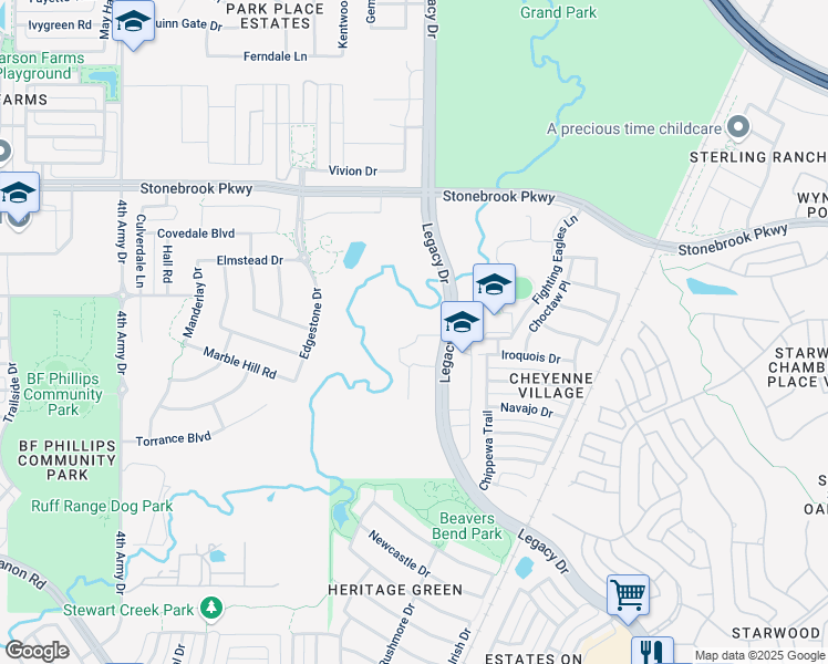 map of restaurants, bars, coffee shops, grocery stores, and more near 5857 South Legacy Drive in Frisco