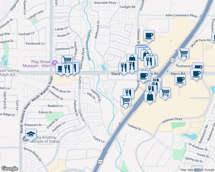 map of restaurants, bars, coffee shops, grocery stores, and more near 1851 North Central Expressway in Allen
