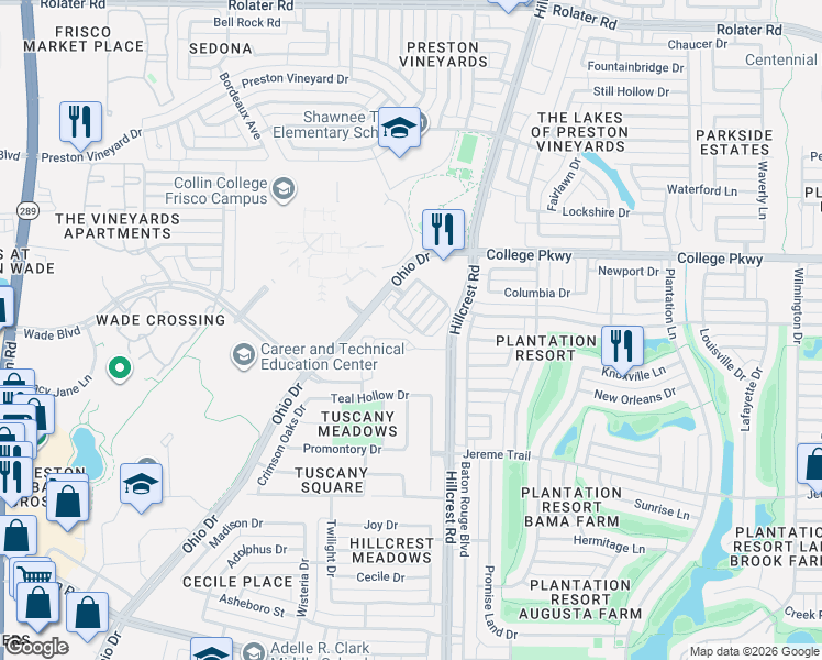 map of restaurants, bars, coffee shops, grocery stores, and more near 5849 Hillcrest Road in Frisco