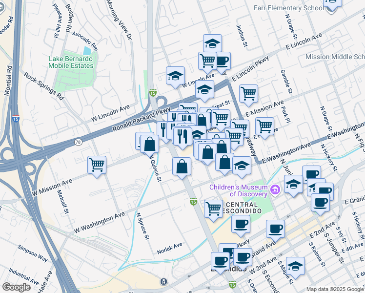 map of restaurants, bars, coffee shops, grocery stores, and more near 425 West Mission Avenue in Escondido