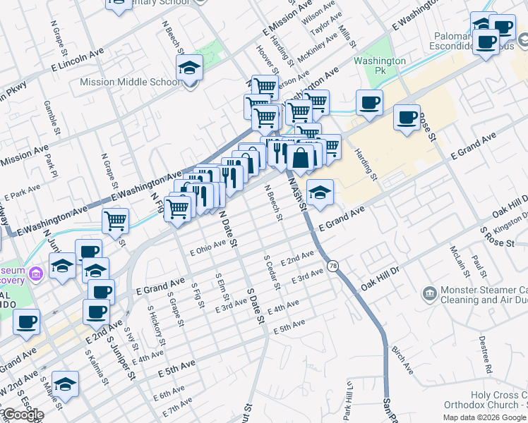 map of restaurants, bars, coffee shops, grocery stores, and more near 1031 East Pennsylvania Avenue in Escondido
