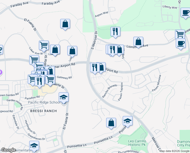 map of restaurants, bars, coffee shops, grocery stores, and more near 6169 Paseo Granito in Carlsbad