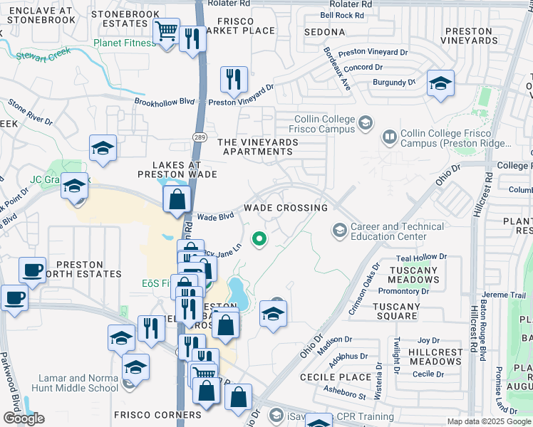 map of restaurants, bars, coffee shops, grocery stores, and more near 9399 Wade Boulevard in Frisco