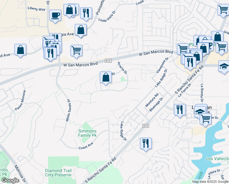 map of restaurants, bars, coffee shops, grocery stores, and more near 2043 Acacia Drive in San Marcos