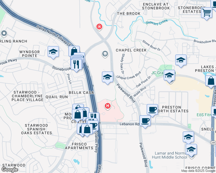 map of restaurants, bars, coffee shops, grocery stores, and more near 6401 Parkwood Boulevard in Frisco
