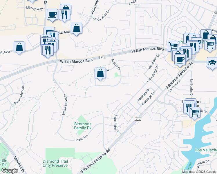 map of restaurants, bars, coffee shops, grocery stores, and more near 2043 Acacia Drive in San Marcos