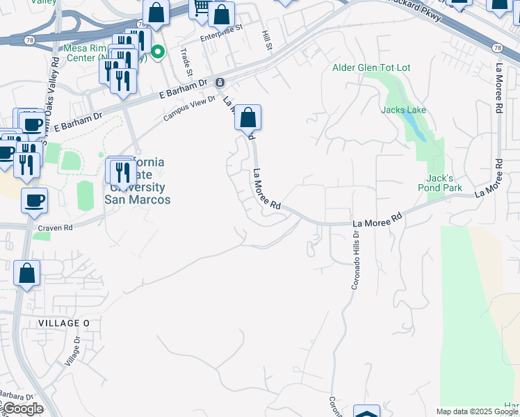 map of restaurants, bars, coffee shops, grocery stores, and more near 422 Camino Hermoso in San Marcos