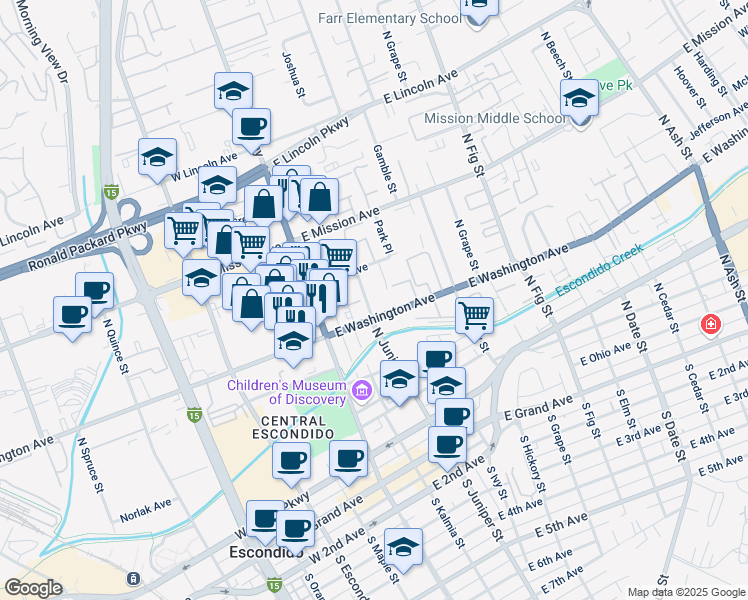 map of restaurants, bars, coffee shops, grocery stores, and more near 652 North Juniper Street in Escondido