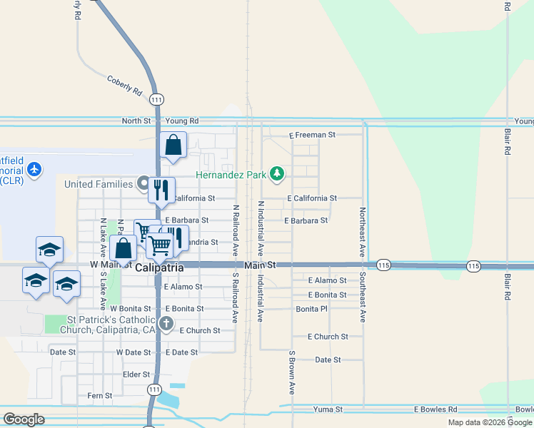 map of restaurants, bars, coffee shops, grocery stores, and more near 441-443 East California Street in Calipatria