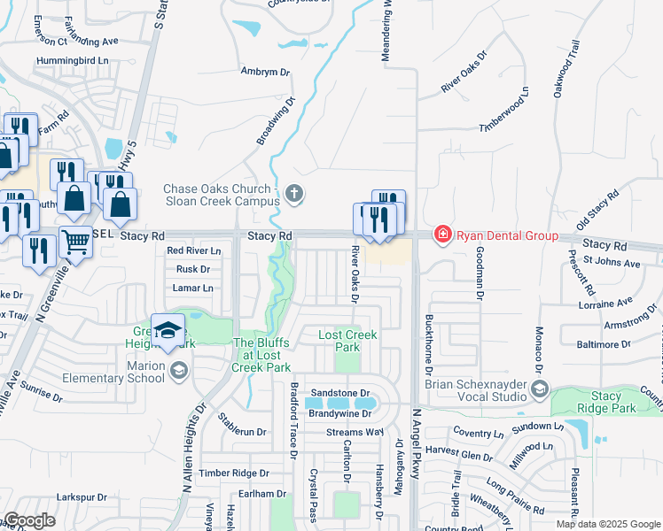 map of restaurants, bars, coffee shops, grocery stores, and more near 1513 Edgewater Drive in Allen