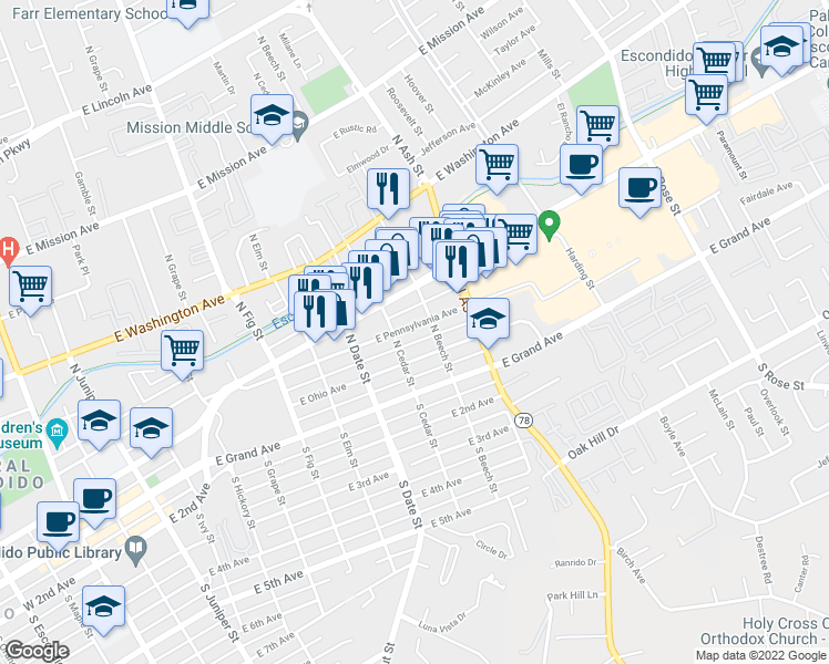 map of restaurants, bars, coffee shops, grocery stores, and more near 1031 East Pennsylvania Avenue in Escondido
