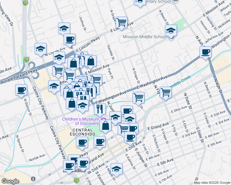 map of restaurants, bars, coffee shops, grocery stores, and more near 345 East Park Avenue in Escondido
