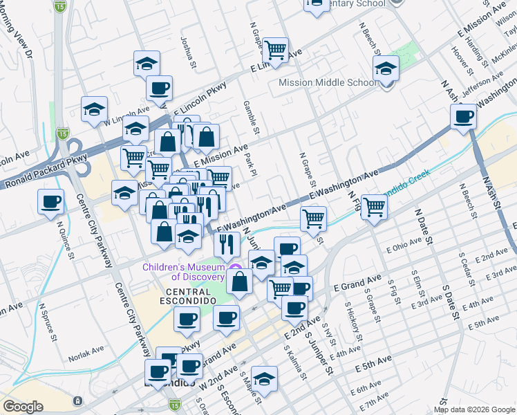 map of restaurants, bars, coffee shops, grocery stores, and more near 345 East Park Avenue in Escondido
