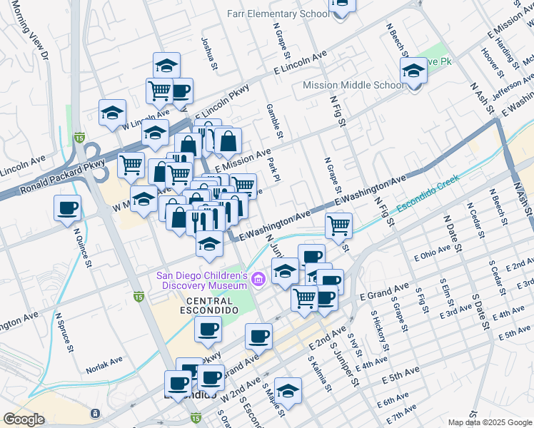 map of restaurants, bars, coffee shops, grocery stores, and more near 652 North Juniper Street in Escondido