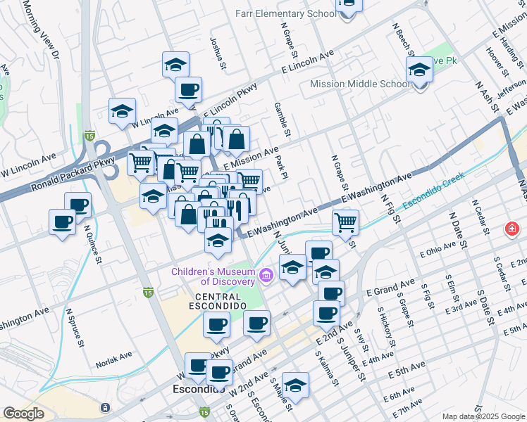 map of restaurants, bars, coffee shops, grocery stores, and more near 652 North Juniper Street in Escondido