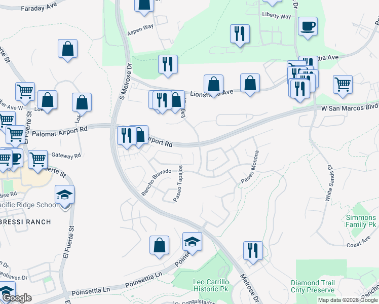 map of restaurants, bars, coffee shops, grocery stores, and more near 6007 Paseo Airoso in Carlsbad