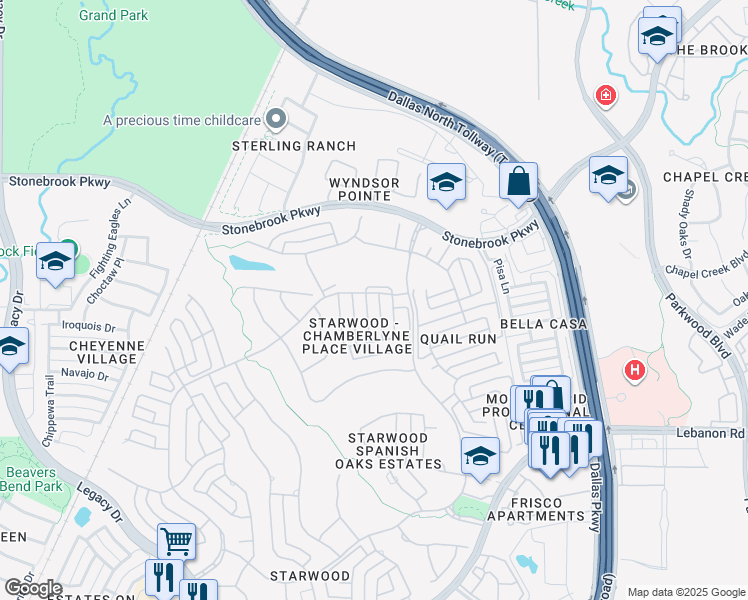 map of restaurants, bars, coffee shops, grocery stores, and more near 6332 Caroline Drive in Frisco