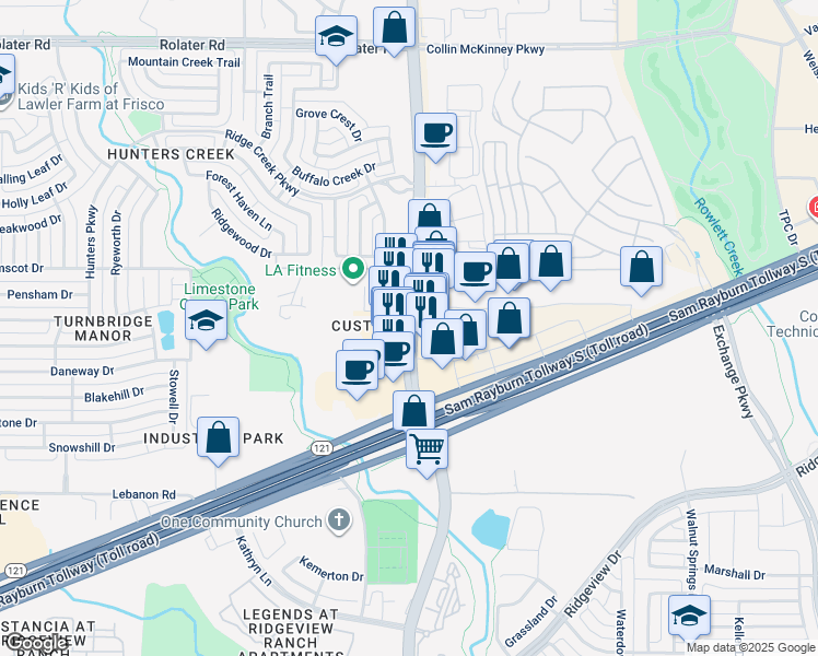 map of restaurants, bars, coffee shops, grocery stores, and more near 6220 Farm to Market Road 2478 in Frisco