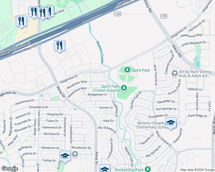 map of restaurants, bars, coffee shops, grocery stores, and more near 1110 Waterford Way in Allen
