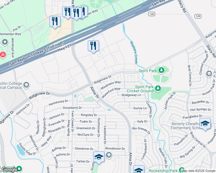 map of restaurants, bars, coffee shops, grocery stores, and more near 2002 Alyssa Court in Allen