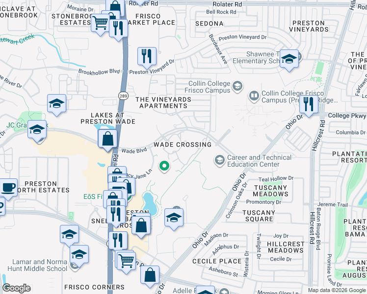 map of restaurants, bars, coffee shops, grocery stores, and more near 9399 Wade Boulevard in Frisco