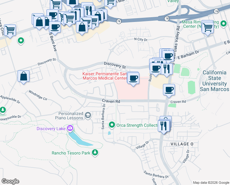 map of restaurants, bars, coffee shops, grocery stores, and more near 559 Sonoma Street in San Marcos