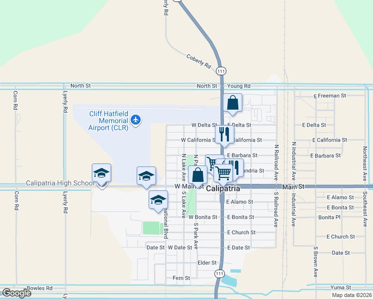 map of restaurants, bars, coffee shops, grocery stores, and more near 321 West California Street in Calipatria