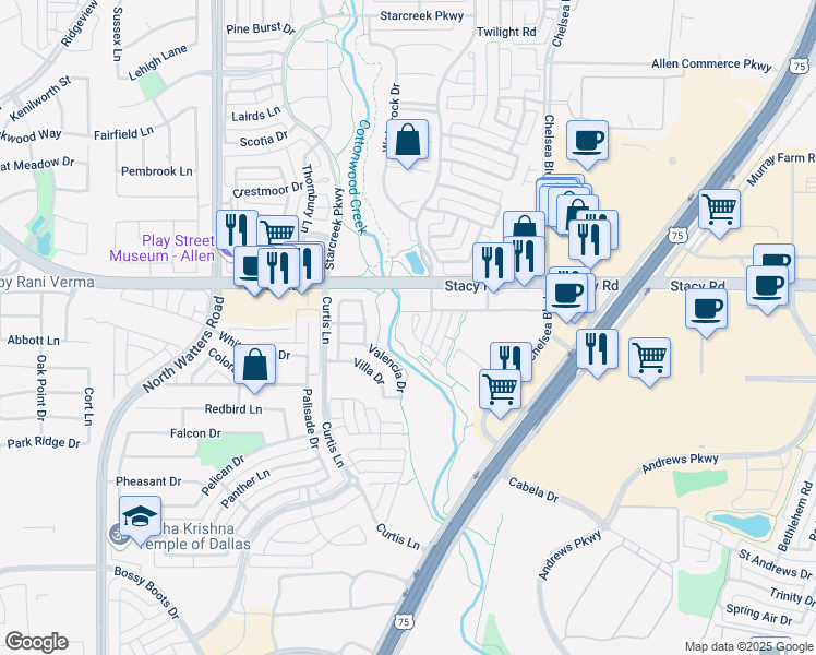 map of restaurants, bars, coffee shops, grocery stores, and more near 877 West Stacy Road in Allen