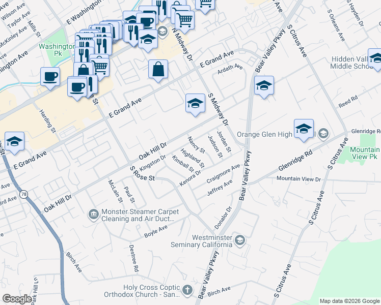 map of restaurants, bars, coffee shops, grocery stores, and more near 620 Nancy Street in Escondido