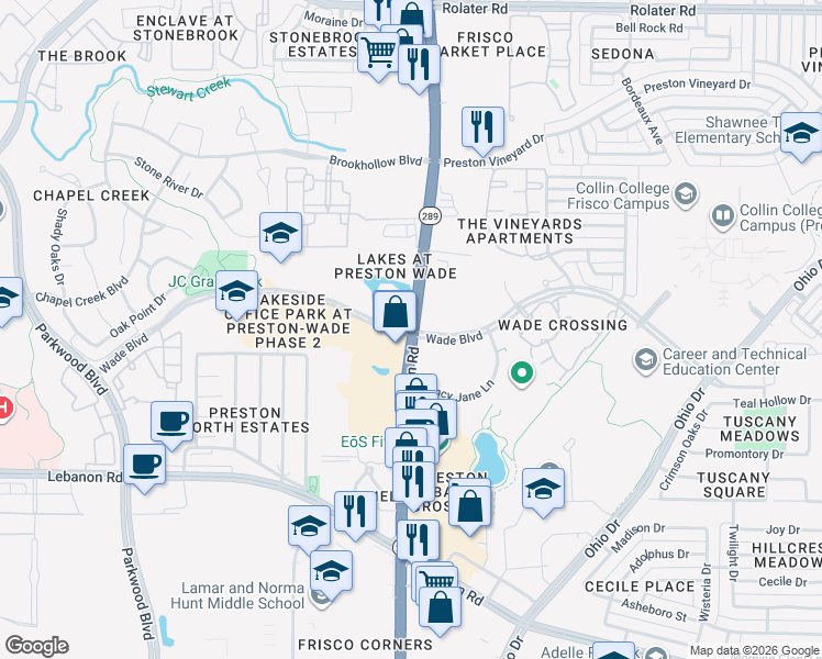 map of restaurants, bars, coffee shops, grocery stores, and more near Preston Rd & Wade Blvd in Frisco
