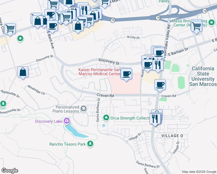 map of restaurants, bars, coffee shops, grocery stores, and more near 559 Sonoma Street in San Marcos