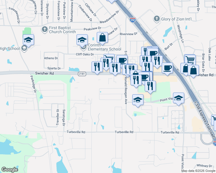 map of restaurants, bars, coffee shops, grocery stores, and more near 3600 Fm 2181 in Hickory Creek