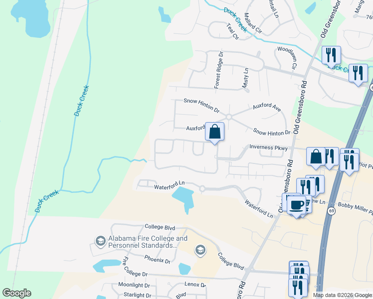 map of restaurants, bars, coffee shops, grocery stores, and more near 1900 Inverness Parkway in Tuscaloosa