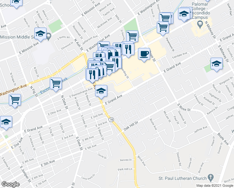map of restaurants, bars, coffee shops, grocery stores, and more near 1316 East Grand Avenue in Escondido
