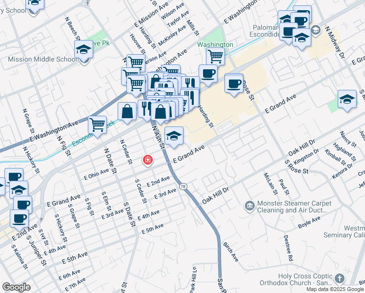 map of restaurants, bars, coffee shops, grocery stores, and more near 1260 East Ohio Avenue in Escondido