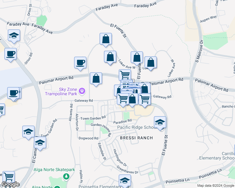 map of restaurants, bars, coffee shops, grocery stores, and more near 6050 Colt Place in Carlsbad