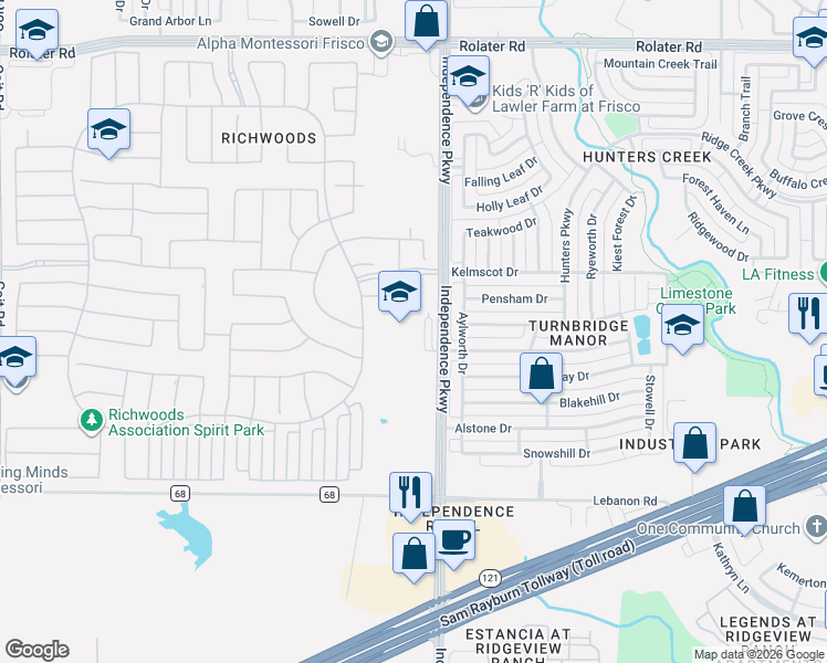 map of restaurants, bars, coffee shops, grocery stores, and more near 14405 Eastwick Court in Frisco