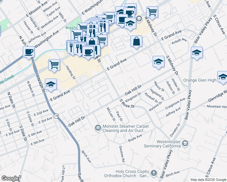 map of restaurants, bars, coffee shops, grocery stores, and more near 1624 Hawk Ridge Place in Escondido