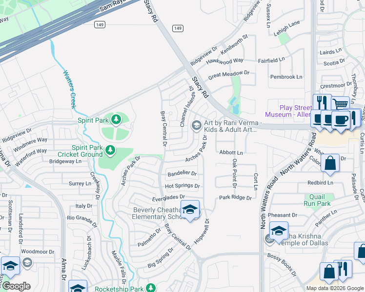 map of restaurants, bars, coffee shops, grocery stores, and more near 1004 Estes Park Drive in Allen
