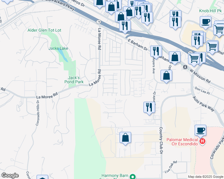 map of restaurants, bars, coffee shops, grocery stores, and more near 1175 La Moree Road in San Marcos