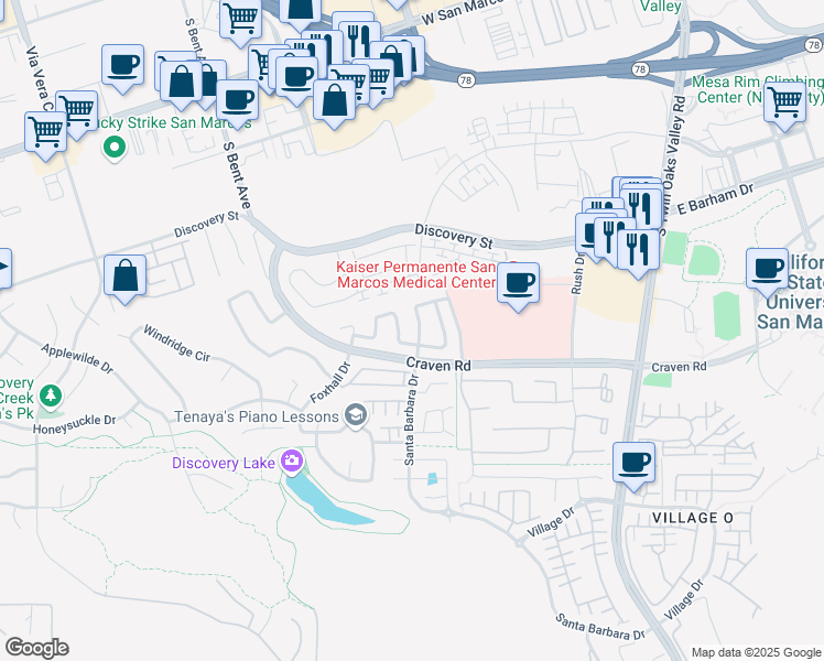 map of restaurants, bars, coffee shops, grocery stores, and more near 760 Santa Barbara Drive in San Marcos