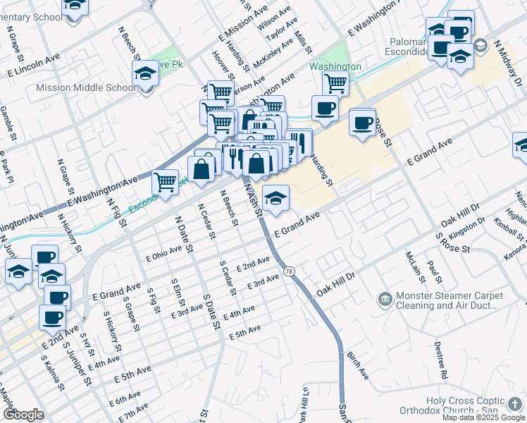 map of restaurants, bars, coffee shops, grocery stores, and more near 250 North Ash Street in Escondido