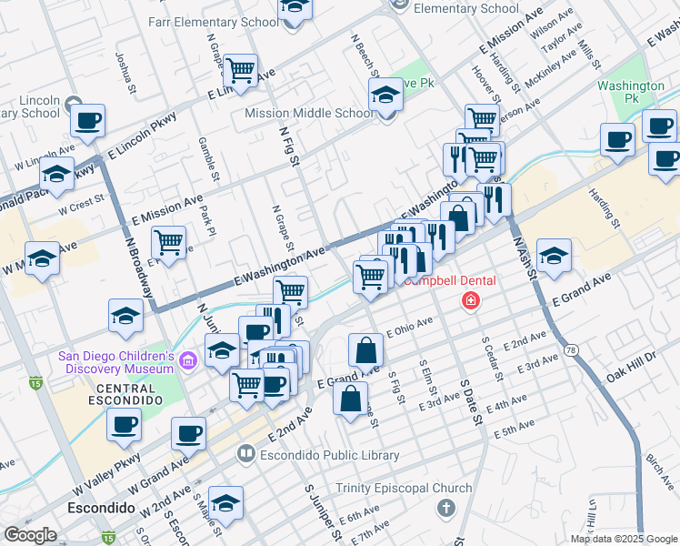 map of restaurants, bars, coffee shops, grocery stores, and more near 501 North Fig Street in Escondido